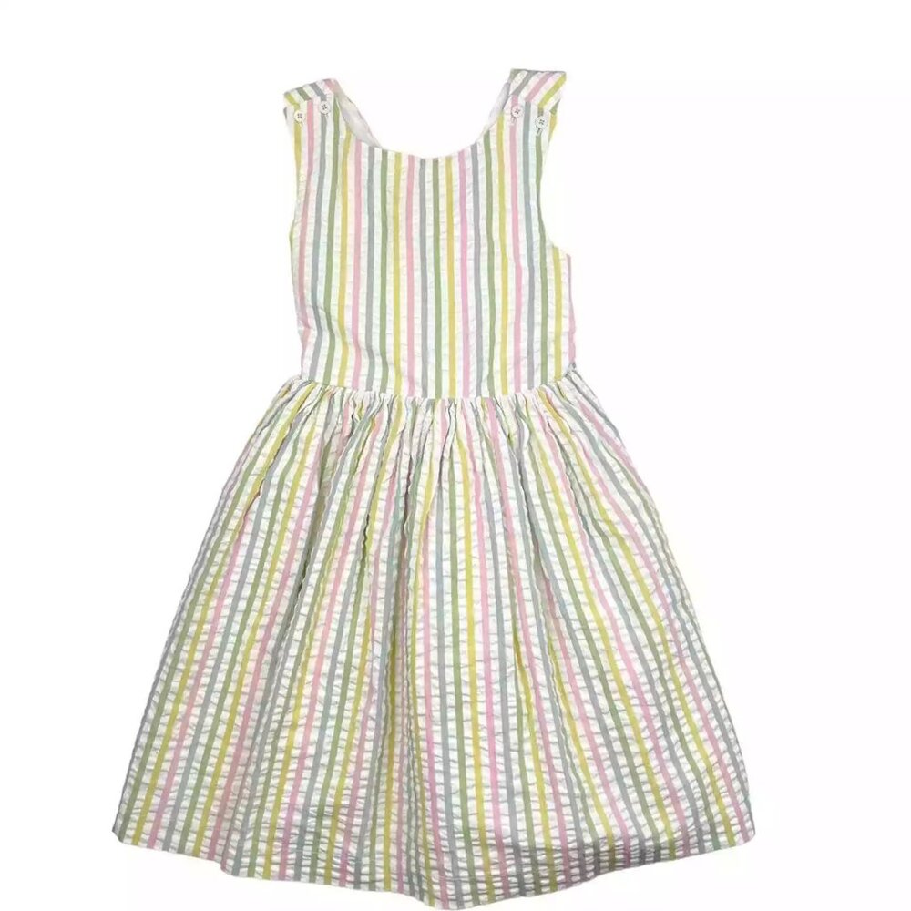 Mini Boden Pastel Seersucker Stripe Cross Back Dress, Size 6-7Y 122cm